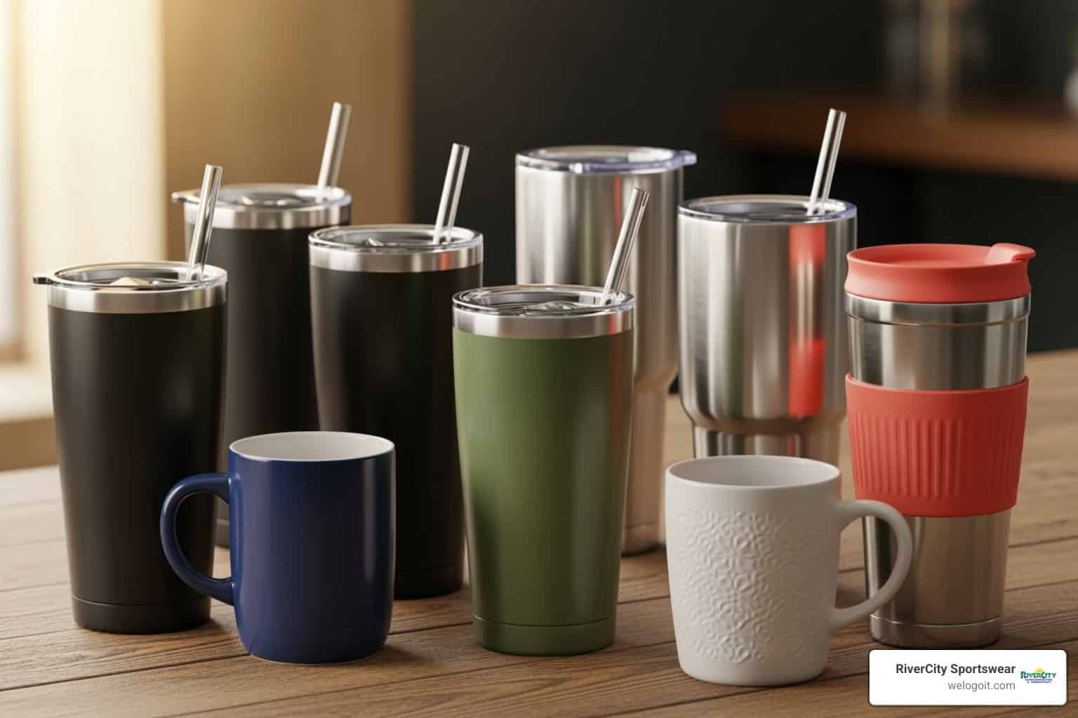 custom-promotional-drinkware-image-1 Stainless steel tumblers and mugs with custom logos, perfect for promotional branding and marketing.